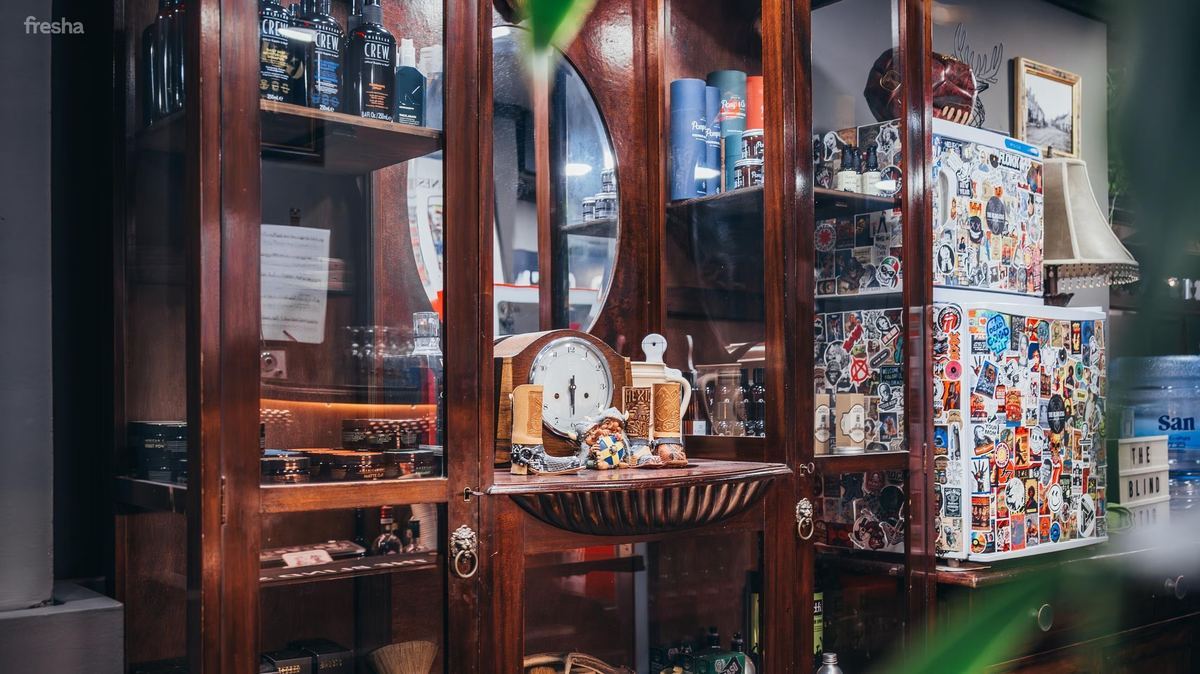 Products and display cabinet at The Blind Stag Barber Spinola Bay